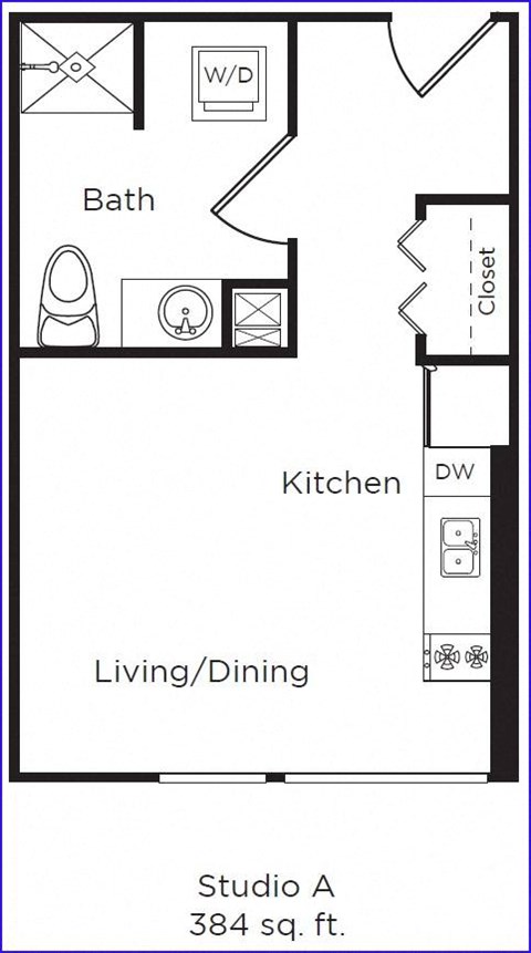 Floor plan for studio, 1 bath, 384 sqft